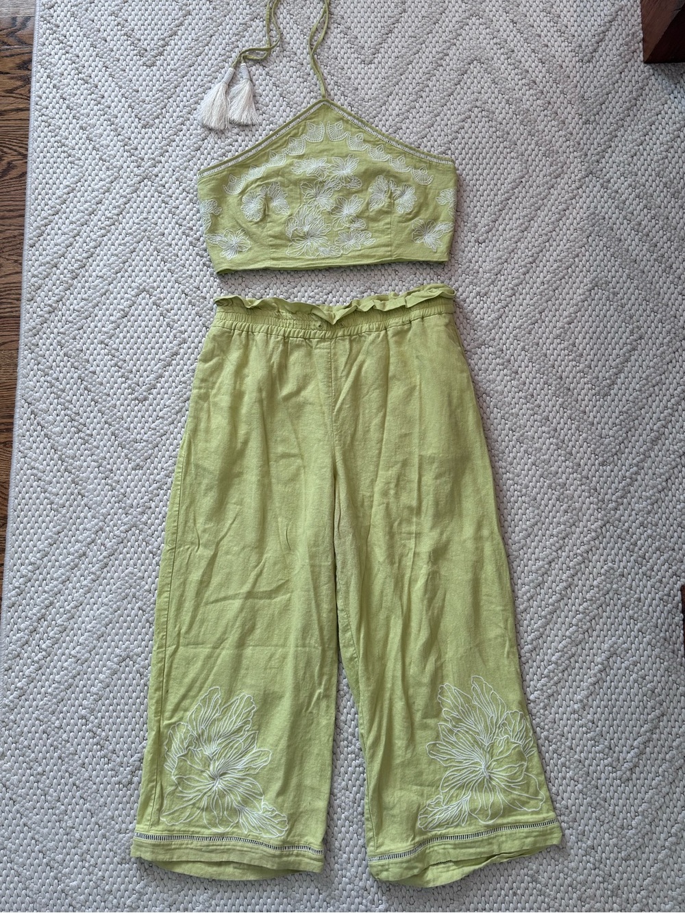 House of Harlow 1960 Lime Green Embroidered Crop Halter Top & Wide Leg Pants Set